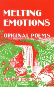 Red book cover titled Melting Emotions Original Poems with tropical waterfall by Mandeep Singh Lotta
