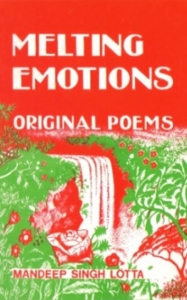 Melting-Emotions Red book cover titled Melting Emotions Original Poems with tropical waterfall by Mandeep Singh Lotta